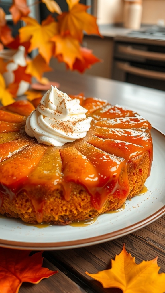 Pumpkin upside down cake with caramelized topping, garnished with whipped cream and cinnamon.
